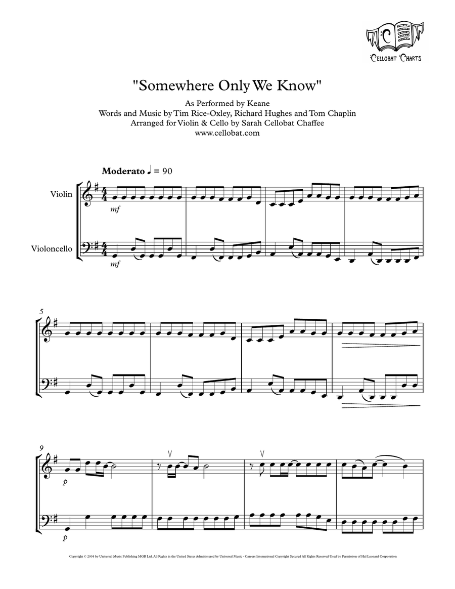 Somewhere Only We Know String Duet scores gallery preview page 1