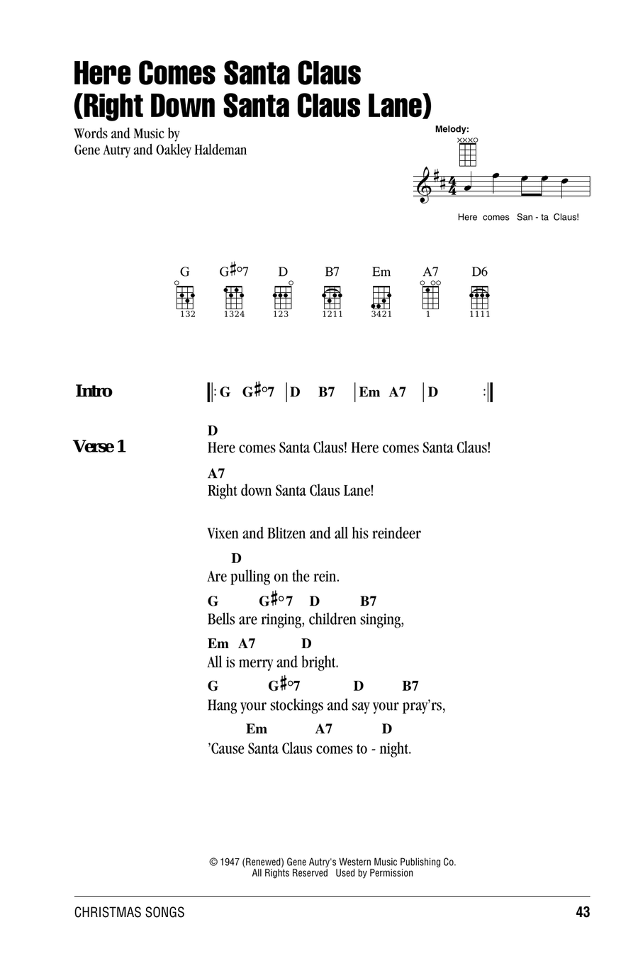 Here Comes Santa Claus (Right Down Santa Claus Lane) Ukulele scores gallery preview page 1