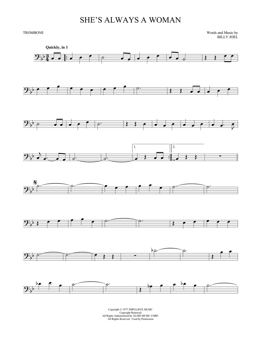 She's Always A Woman Trombone Solo scores gallery preview page 1