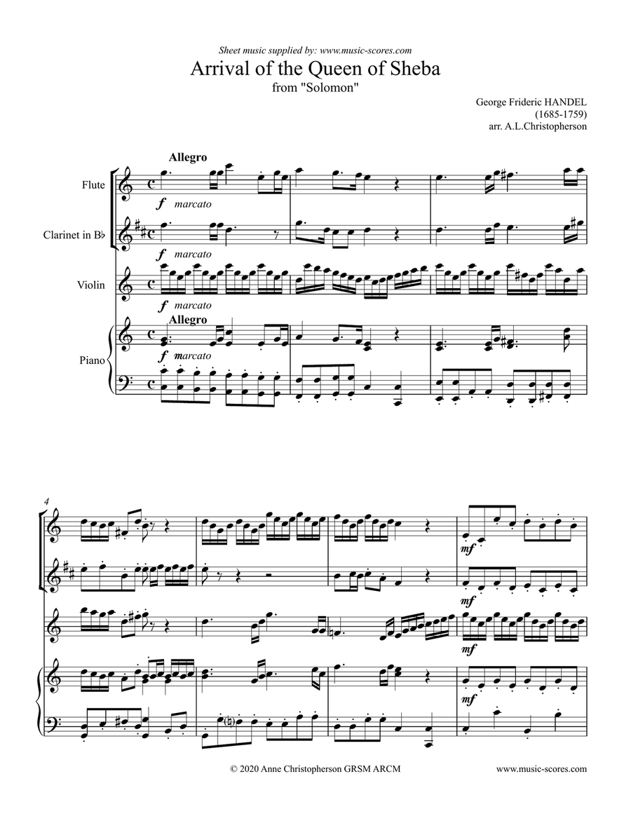Handel: Arrival of the Queen of Sheba - Flute, Clarinet (high or low version), Violin, Piano Small Ensemble scores gallery preview page 1