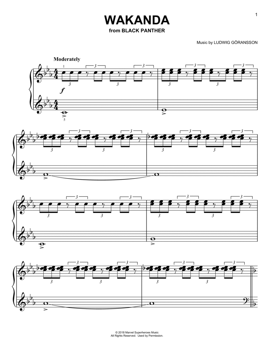 Wakanda (from Black Panther) Easy Piano scores gallery preview page 1