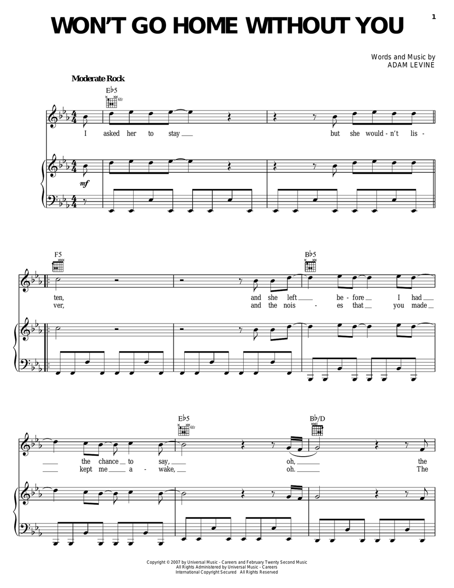 Won't Go Home Without You Piano, Vocal, Guitar scores gallery preview page 1