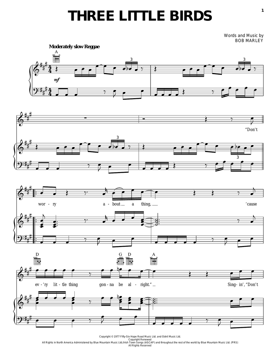 Three Little Birds Piano, Vocal, Guitar scores gallery preview page 1