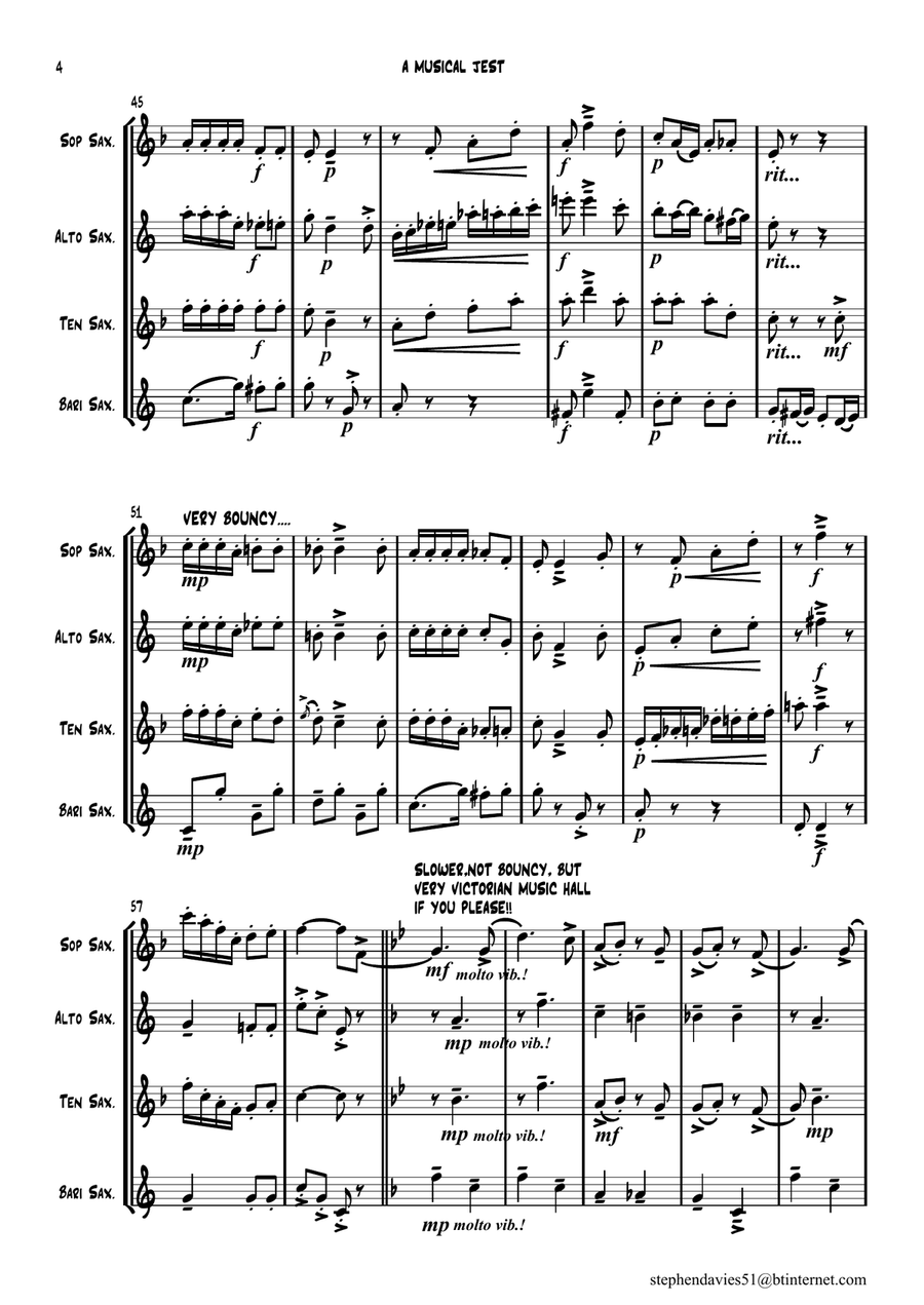 'A Musical Jest' By Alfredo D'ambrosio, Saxophone Quartet, a bit of fun for 4 players! Saxophone Quartet scores gallery preview page 4
