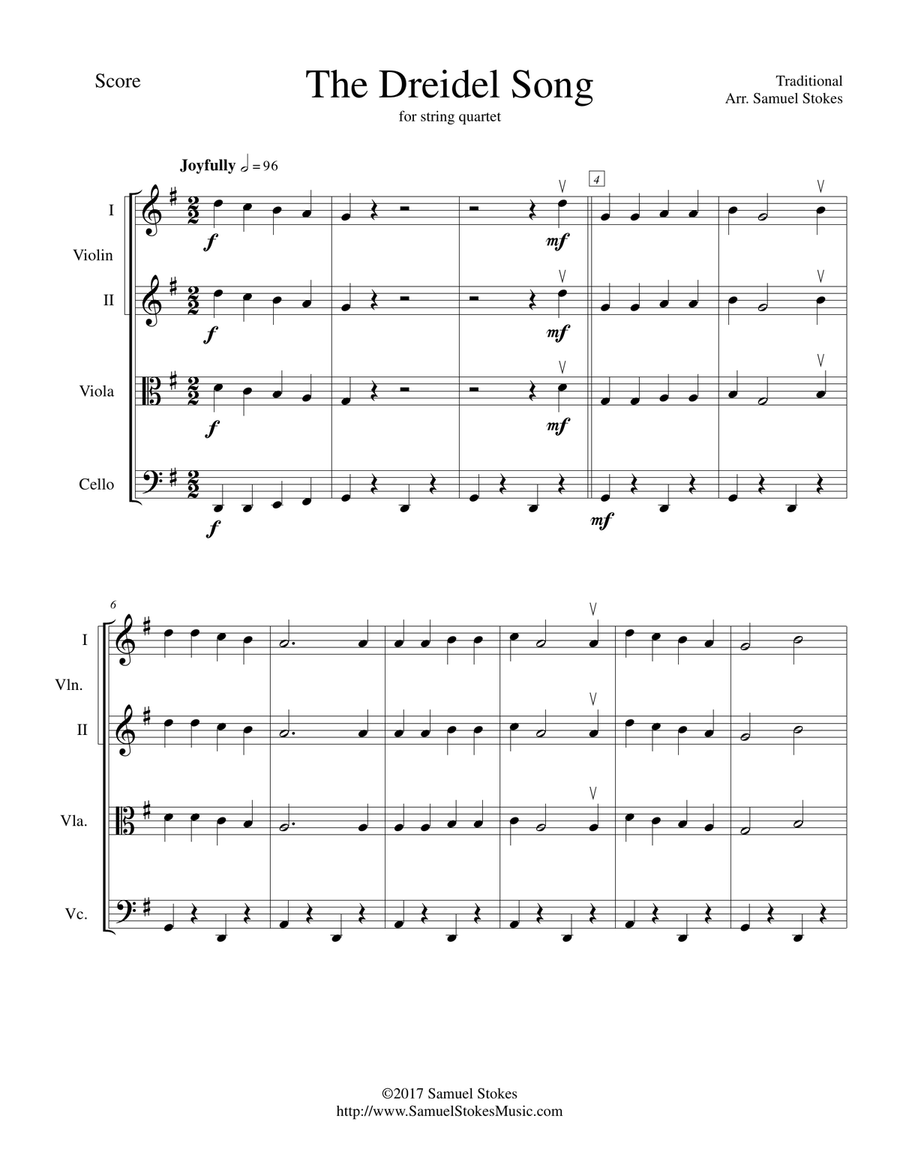 The Dreidel Song (I Have a Little Dreidel) - for string quartet String Quartet scores gallery preview page 1