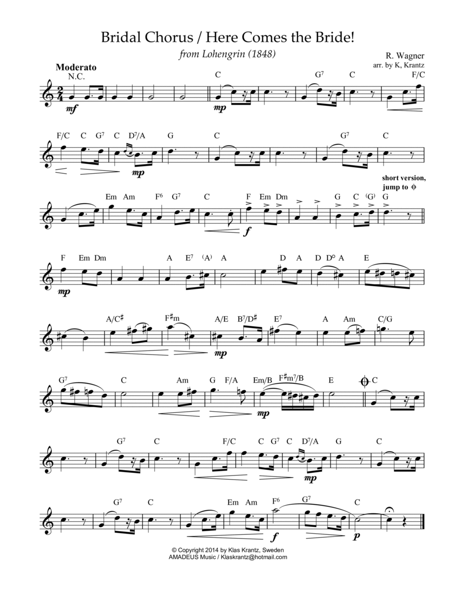 Bridal Chorus / Here Comes the Bride! lead sheet with guitar chords (C Major) Easy Guitar scores gallery preview page 1