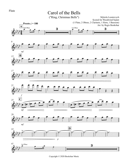 Carol of the Bells (F min) (Woodwind Septet - 1 Flute, 2 Oboe, 2 Clar, 1 Hrn, 1 Bassoon) image number null