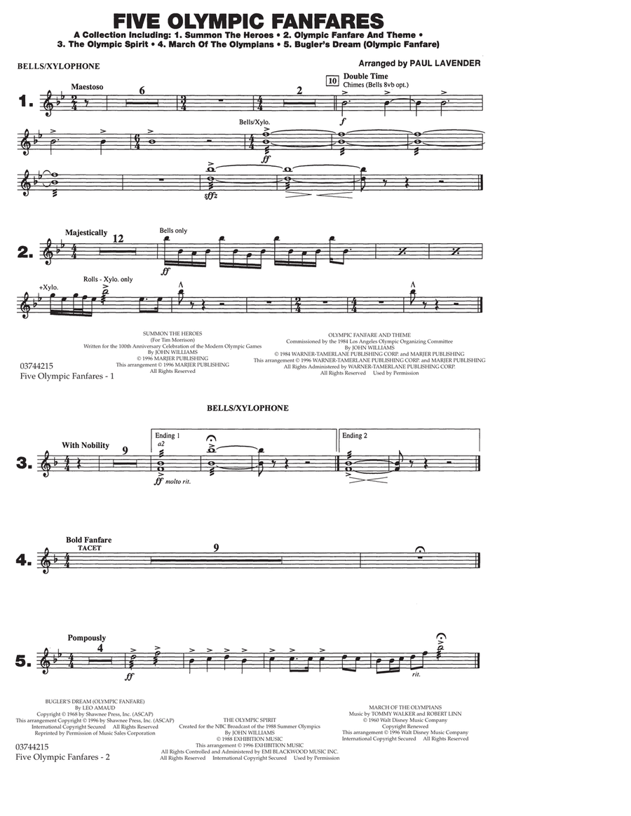Five Olympic Fanfares - Bells/Xylophone Marching Band scores gallery preview page 1