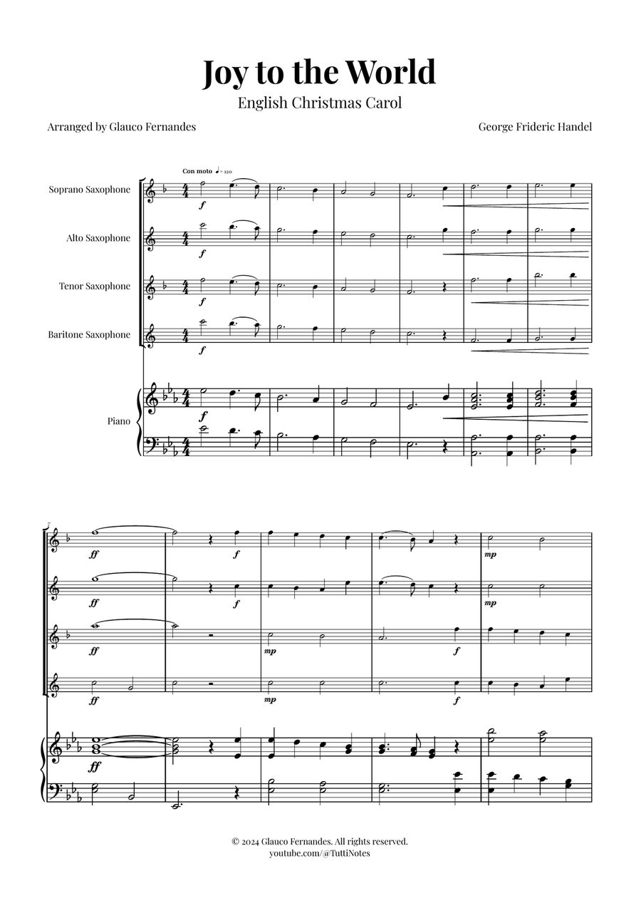 Joy to the World | STUNNING Arrangement Saxophone Quartet scores gallery preview page 1