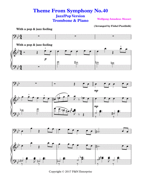 "Theme From Symphony No.40"-Piano Background for Trombone and Piano image number null