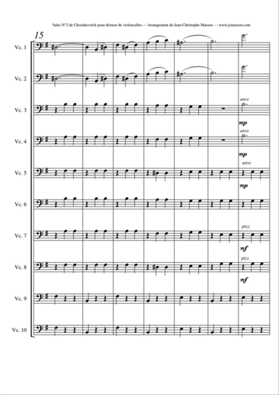 Valse n°2 by Chostakovitch for 10 cellos --- FULL SCORE AND PARTS --- Arrangement by Jean-Christoph Cello scores gallery preview page 4