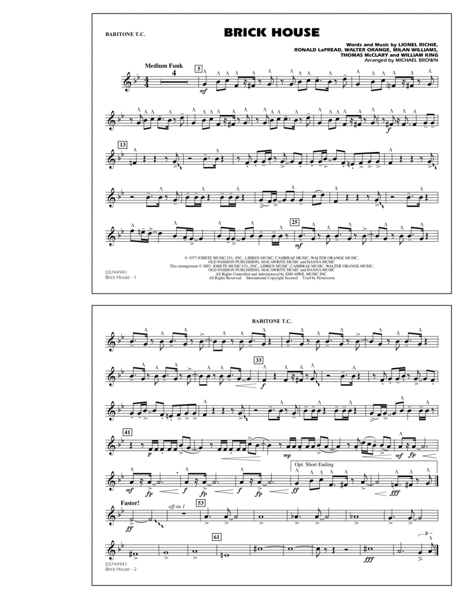 Brick House - Baritone T.C. Marching Band scores gallery preview page 1