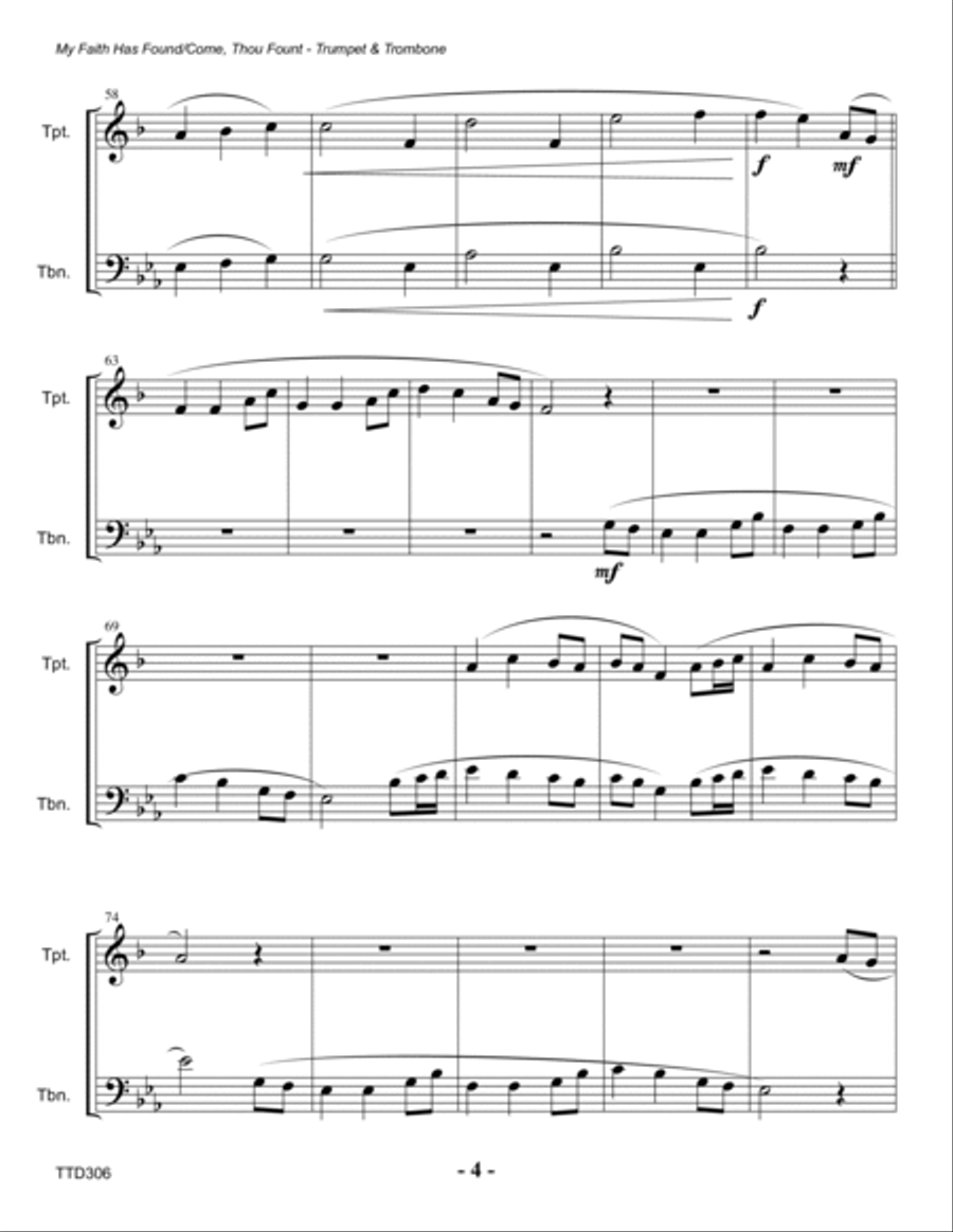 MY FAITH HAS FOUND A RESTING PLACE/COME THOU FOUNT OF EVERY BLESSING - Trumpet & Trombone Duet (unac Brass Duet scores gallery preview page 4