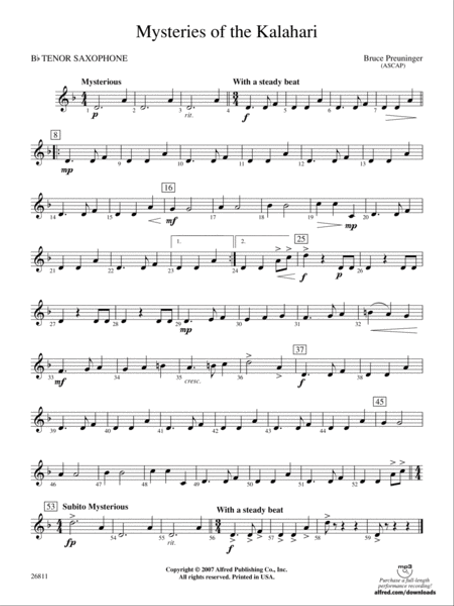 Mysteries of the Kalahari: B-flat Tenor Saxophone Concert Band scores gallery preview page 1