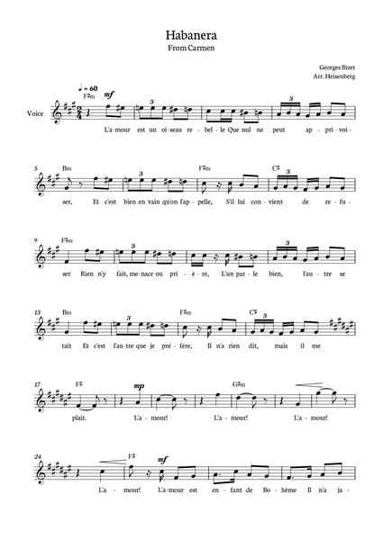 Habanera Carmen for voice in F# minor with chords. image number null
