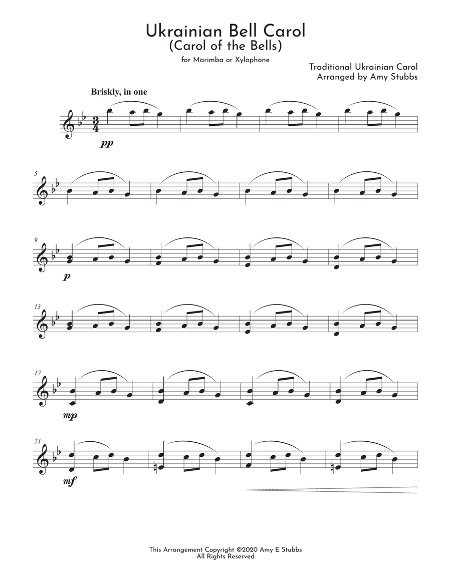 Ukrainian Bell Carol (Carol of the Bells) for Marimba or Xylophone Percussion Ensemble scores gallery preview page 1