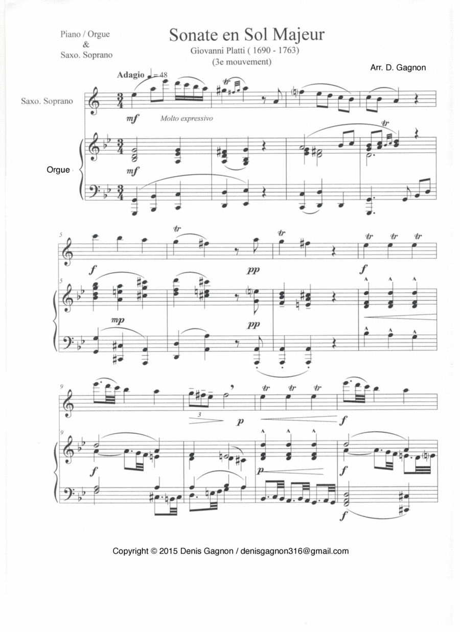 Sonate en Sol Majeur (3e mouvement) Soprano Saxophone scores gallery preview page 1