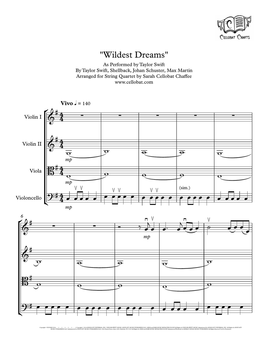 Wildest Dreams String Quartet scores gallery preview page 1