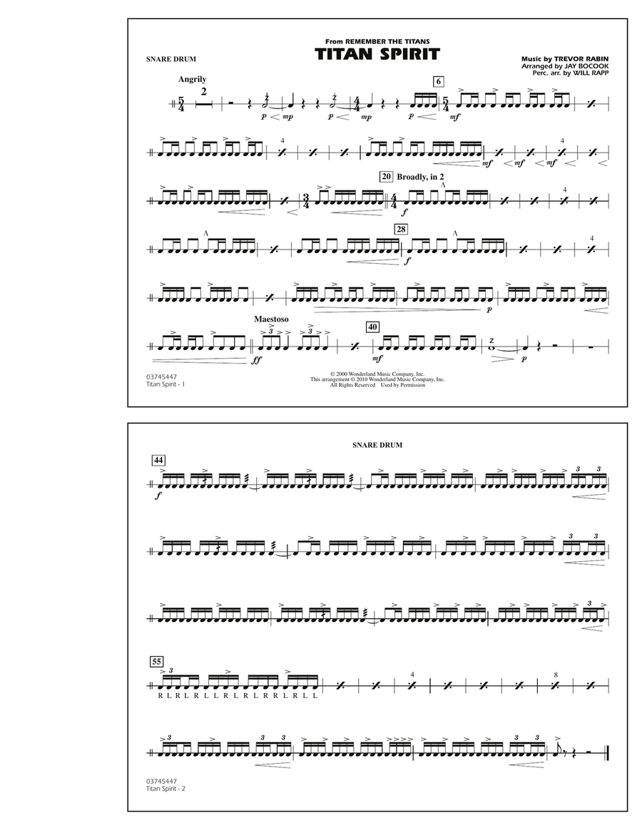 Titan Spirit (Theme from Remember The Titans) - Snare Drum Marching Band scores gallery preview page 1