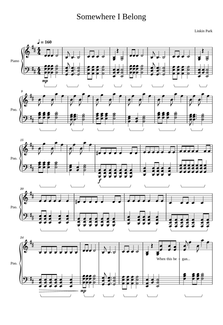 Somewhere I Belong Easy Piano scores gallery preview page 1