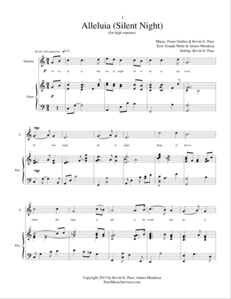 Alleluia (Silent Night) for high soprano - vocal solo or duet with piano accompaniment Piano Accompaniment scores gallery preview page 2