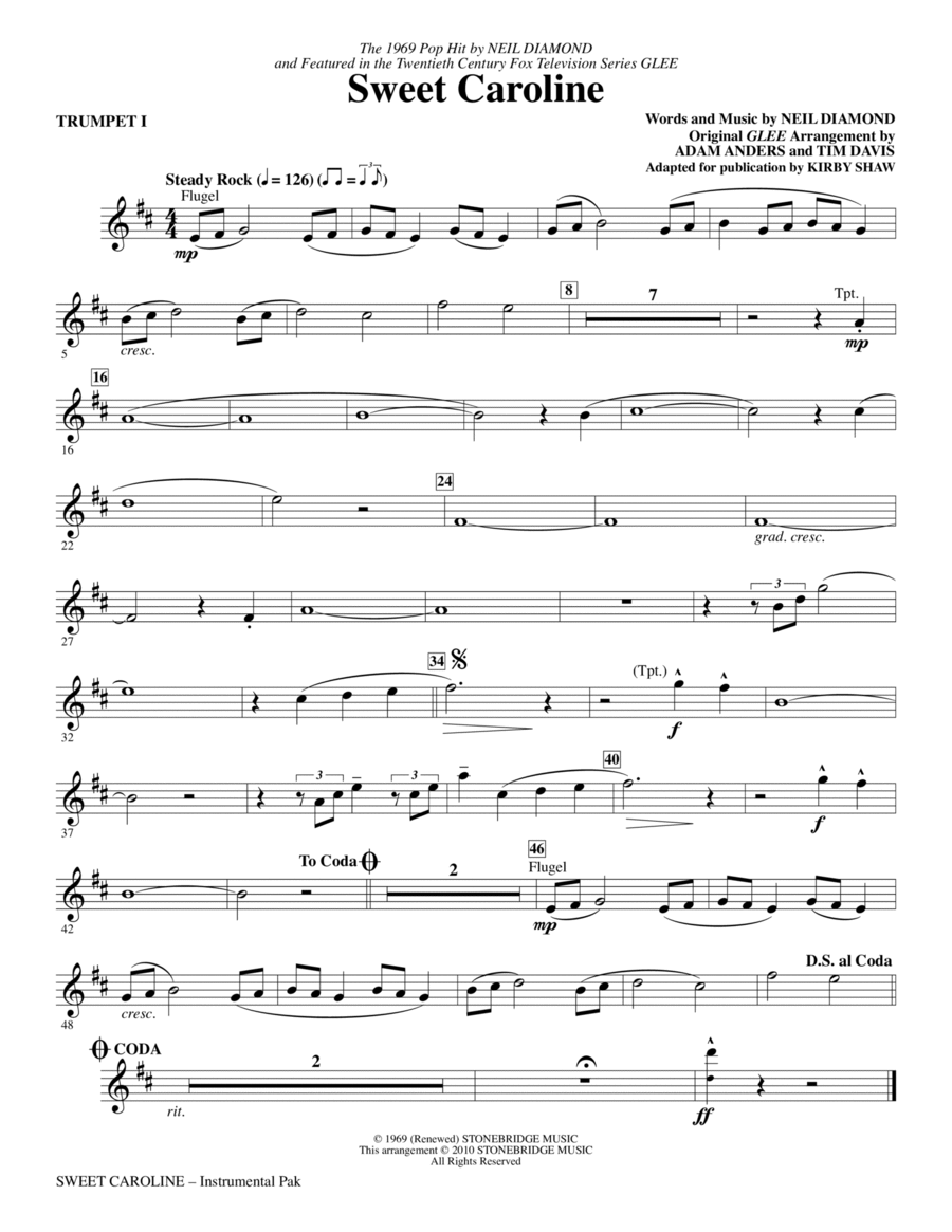 Sweet Caroline (Ed. Kirby Shaw) - Trumpet 1 Choir scores gallery preview page 1