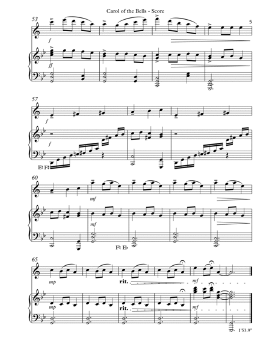Carol of the Bells, Duet for Bb Clarinet and Pedal Harp B-Flat Clarinet scores gallery preview page 5