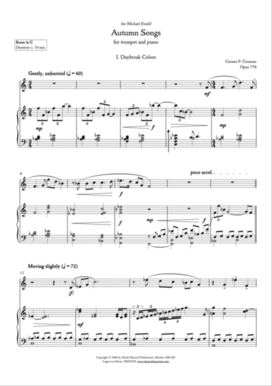 Carson Cooman: Autumn Songs (2008) fo rBb or C trumpet and piano C Trumpet scores gallery preview page 3