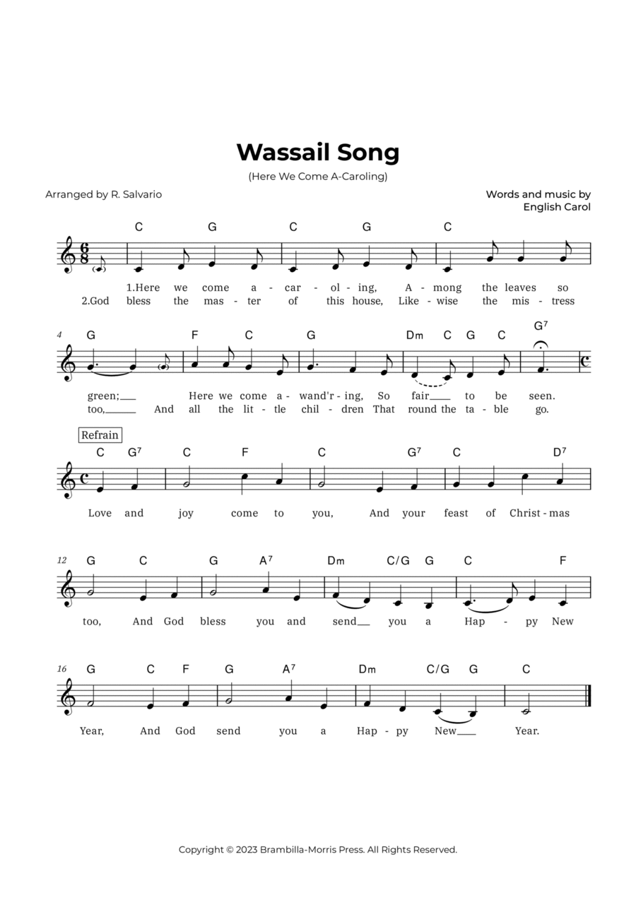 Wassail Song (Here We Come A-Caroling) - Key of C Major Piano scores gallery preview page 1