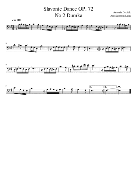 Antonín Dvořák Slavonic Dance OP. 72 No 2 Dumka in E minor for Cello Solo image number null