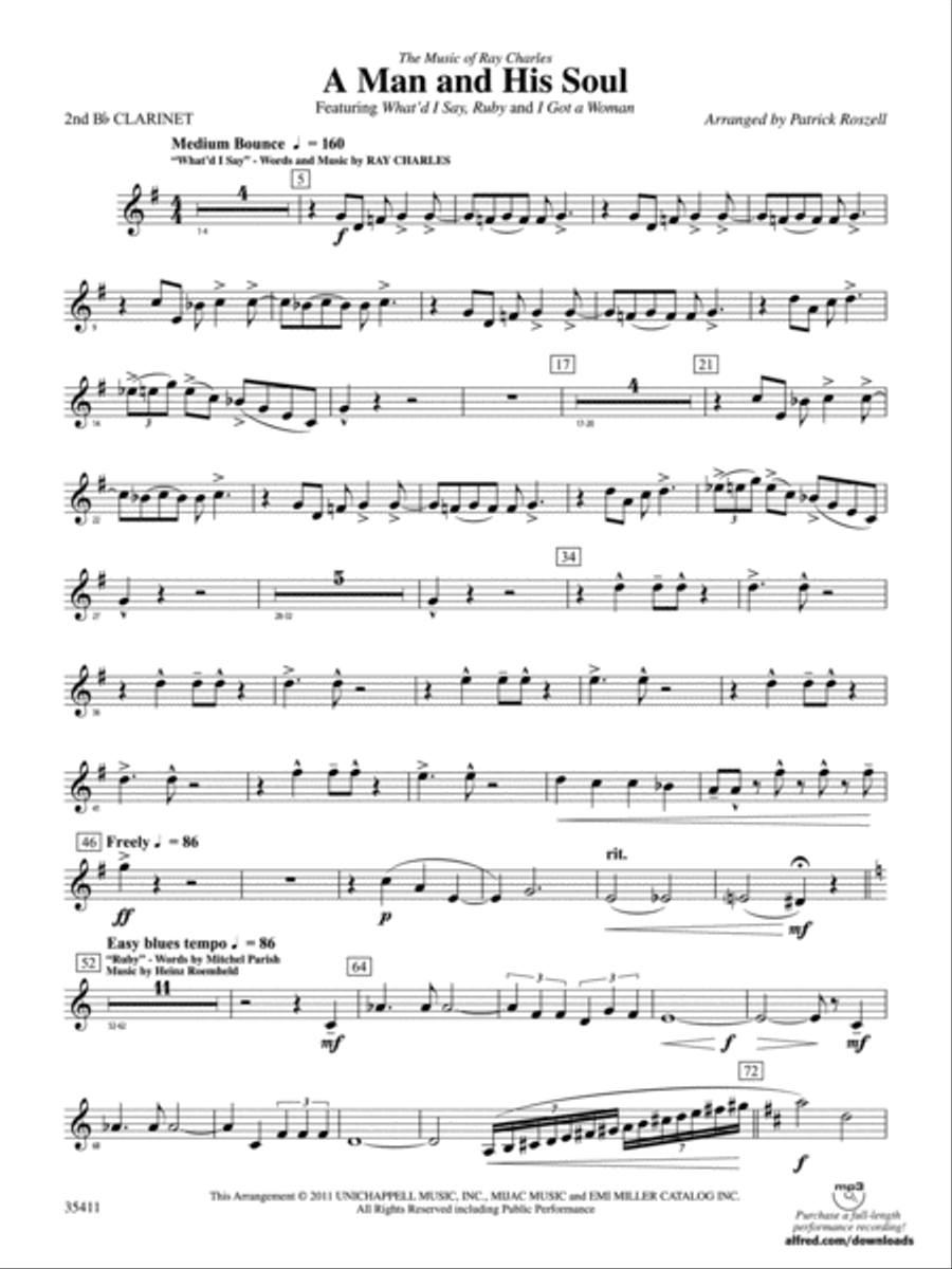 A Man and His Soul: 2nd B-flat Clarinet Concert Band scores gallery preview page 1