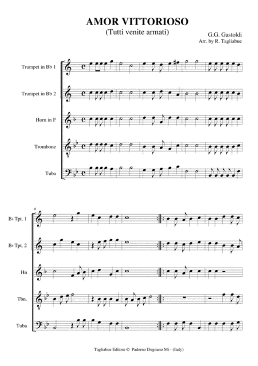 AMOR VITTORIOSO - Gastoldi - For Brass Quintet - With Parts Brass Quintet scores gallery preview page 2