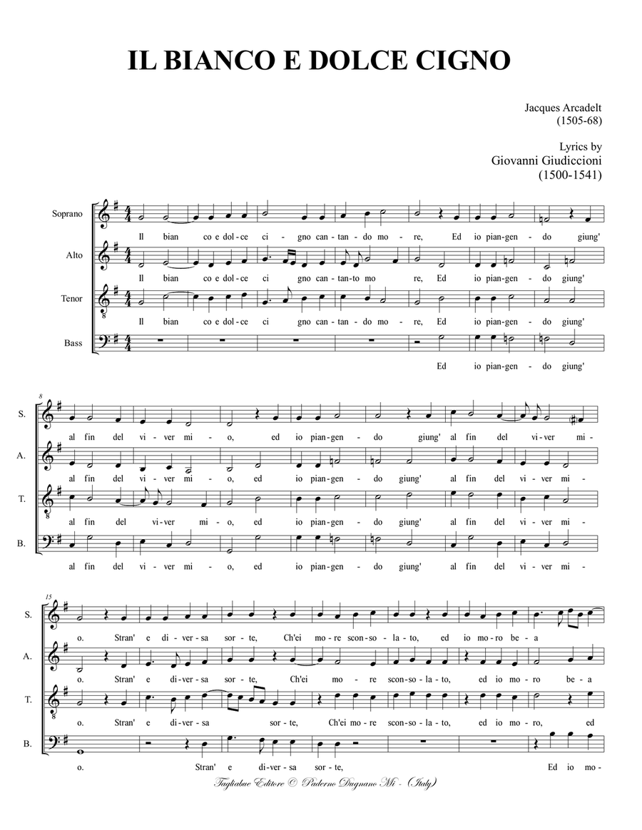 IL BIANCO E DOLCE CIGNO - J. Arcadelt - For SATB Choir - Score Only 4-Part scores gallery preview page 2