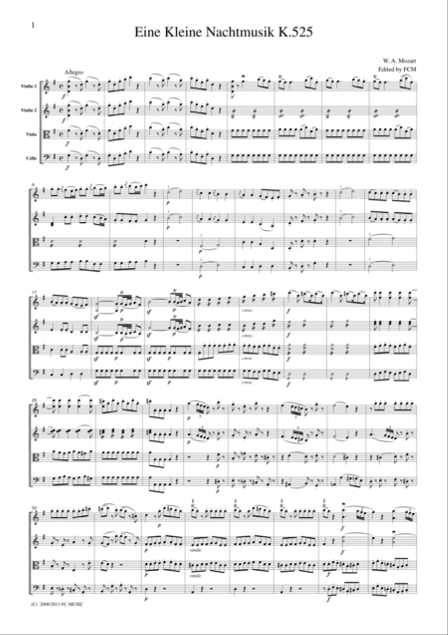 Mozart Eine Kleine Nachtmusik K.525, all mvts., for string quartet, CM018 String Quartet scores gallery preview page 1