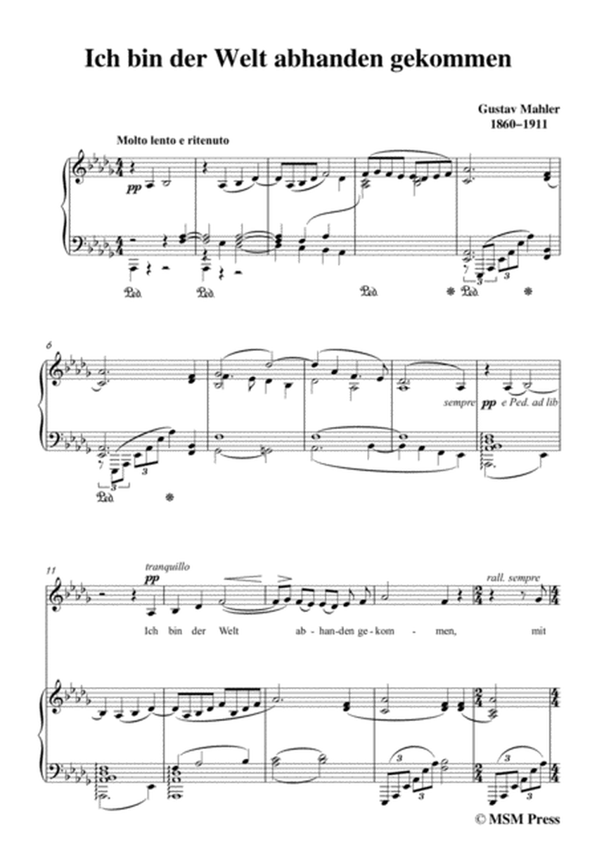 Mahler-Ich bin der Welt abhanden gekommen in D flat Major,for Voice and Piano image number null