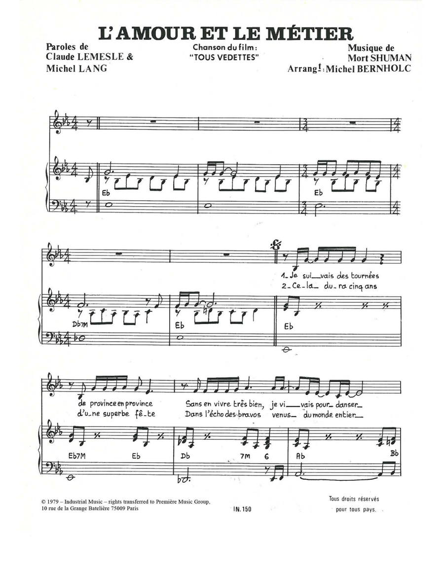 L'Amour Et Le Metier L'Amour Et Le Metier Piano, Vocal scores gallery preview page 1