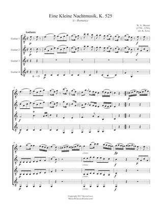Eine kleine Nachtmusik, K. 525 - ii - Romanze (Guitar Quartet) - Score and Parts