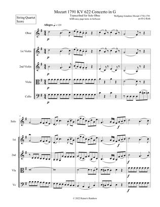 Mozart 1791 KV 622 Oboe Concerto in G with String Quartet Score and Parts