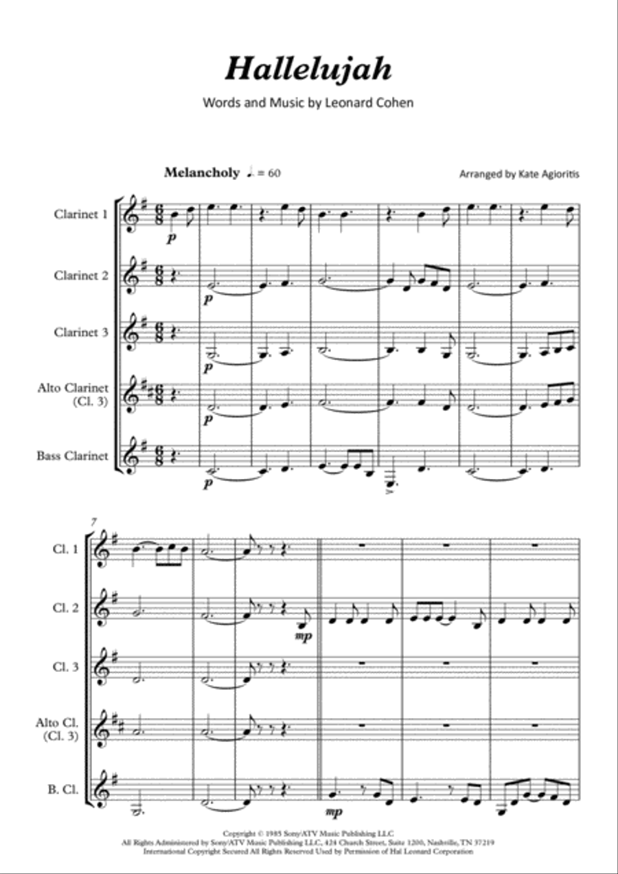 Hallelujah Clarinet Quartet scores gallery preview page 2