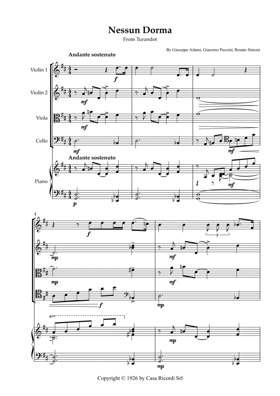 Nessun Dorma - String Quartet & Piano String Quartet scores gallery preview page 1