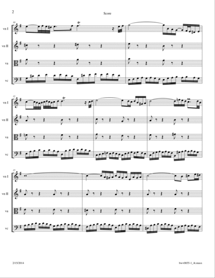 Bach: Prelude BWV 855 in e minor from The Well Tempered Clavier arr. for String Quartet String Quartet scores gallery preview page 2