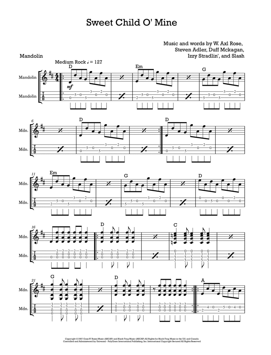 Sweet Child O' Mine Mandolin scores gallery preview page 1