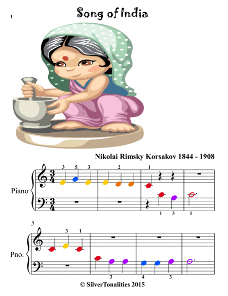 Song of India Beginner Piano Sheet Music with Colored Notation