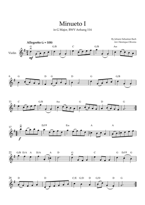 Minueto I in G Major, BWV Anhang 114 (Violin + Chords)