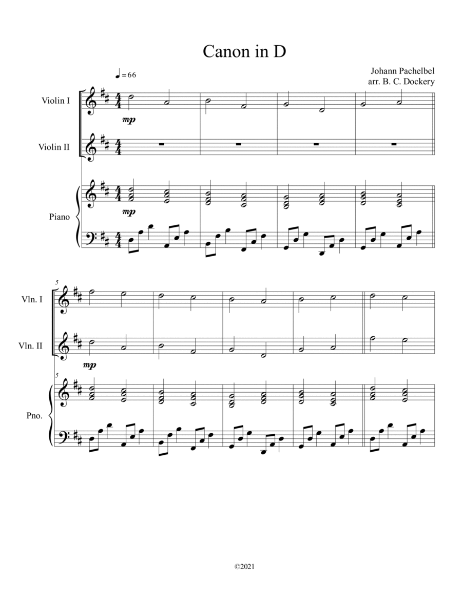 Canon in D for 2 Violins and Piano String Duet scores gallery preview page 1