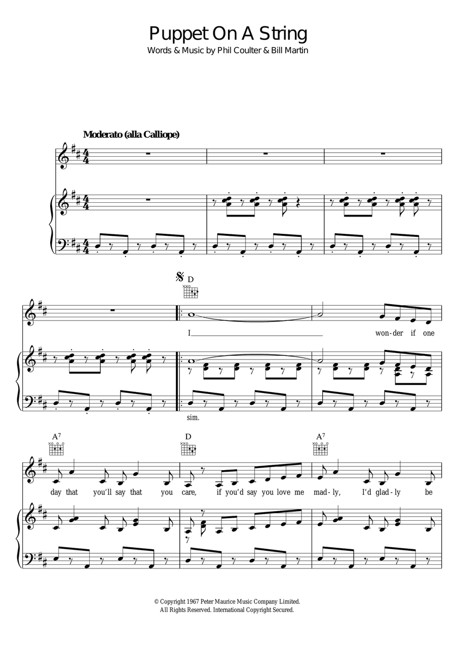 Puppet On A String Piano, Vocal, Guitar scores gallery preview page 1
