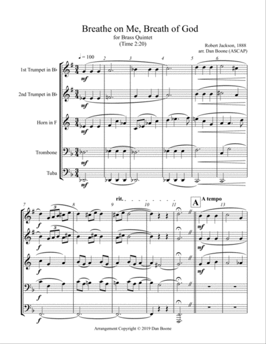 Breathe On Me, Breath Of God (for Brass Quintet) Brass Quintet scores gallery preview page 1