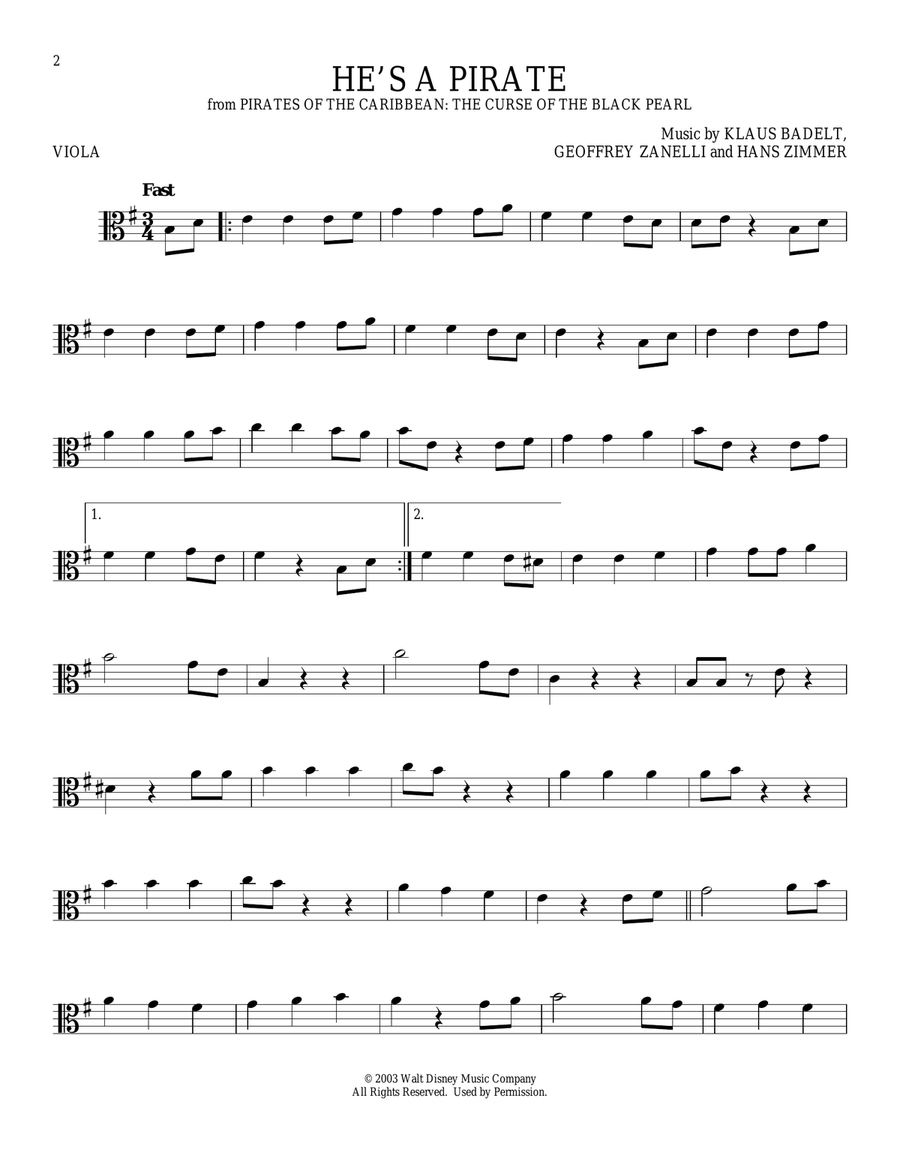 He's A Pirate (from Pirates Of The Caribbean: The Curse of the Black Pearl) Viola Solo scores gallery preview page 1