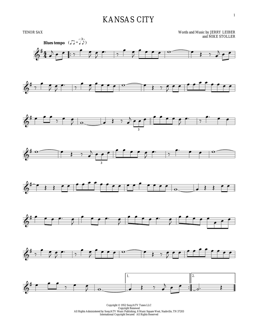 Kansas City Kansas City Tenor Saxophone scores gallery preview page 1