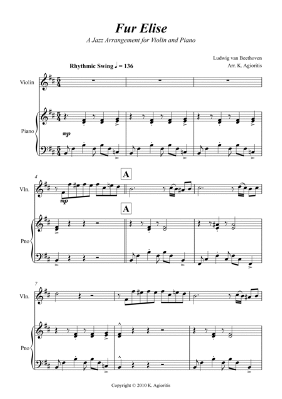 Fur Elise - a Jazz Arrangement for Violin and Piano Violin Solo scores gallery preview page 3